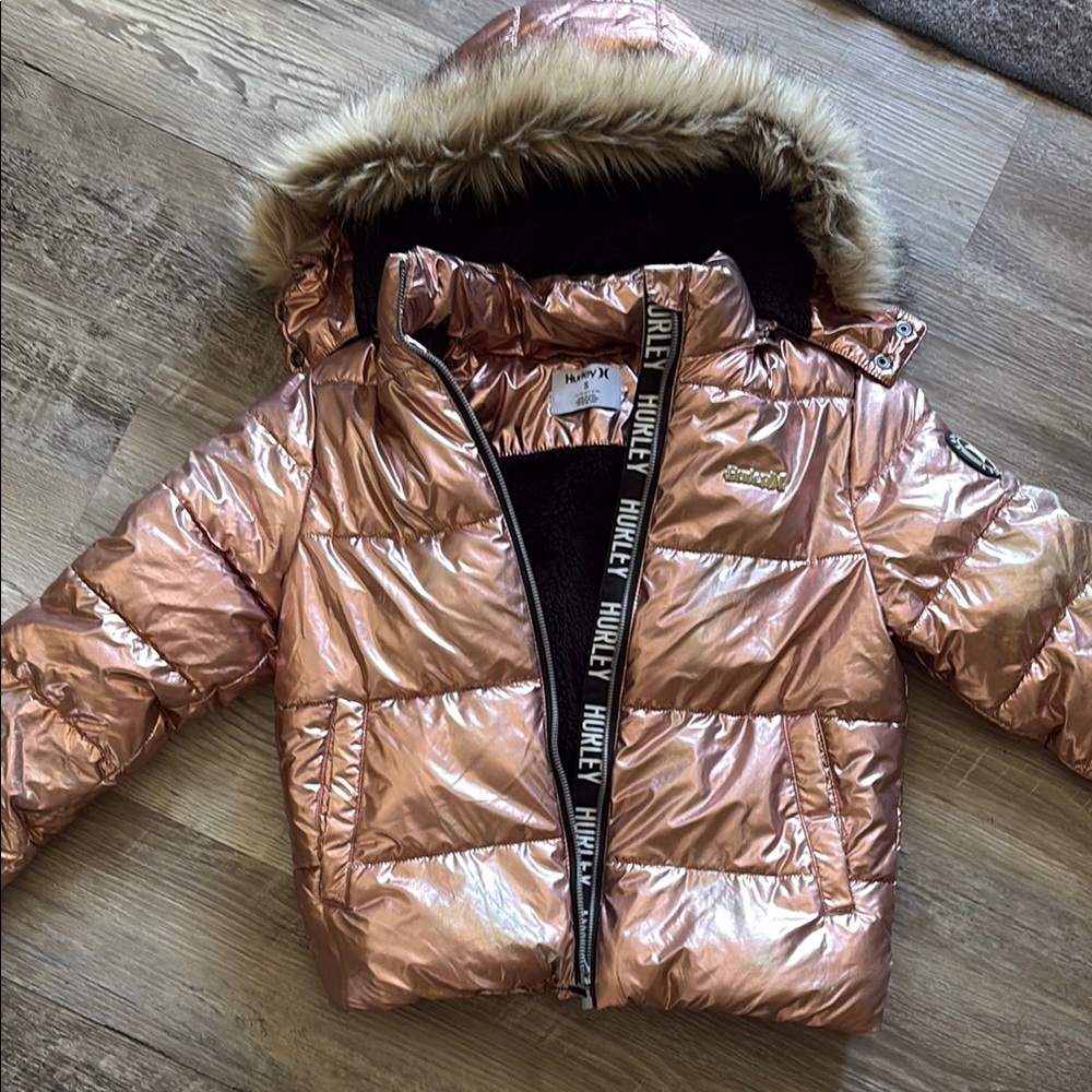 Girls metallic pink Hurley jacket with fur, hood zips off